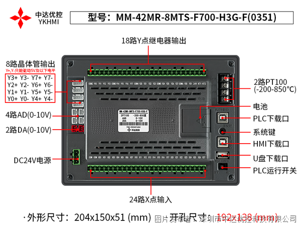 中达优控7寸PLC一体机MM-42MR-8MTS-F700-H3G-C