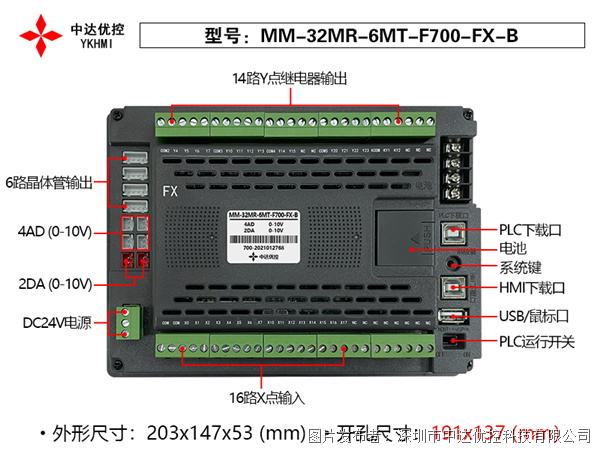 中达优控7寸PLC一体机MM-32MR-6MT-F700-FX-B