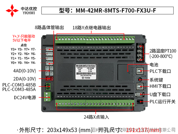 中达优控7寸PLC一体机MM-42MR-8MTS-F700-FX3U-F